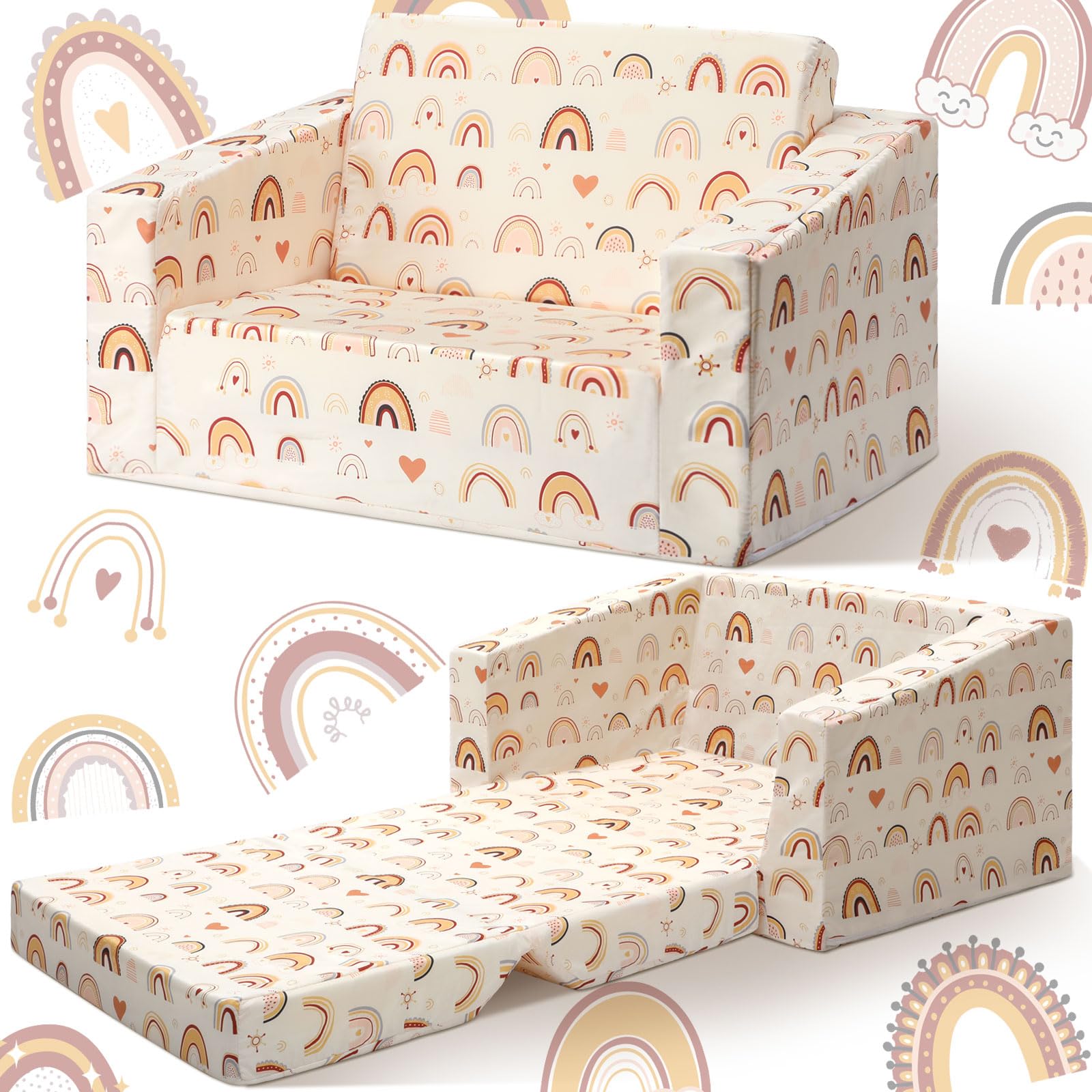 Burbell Boho Toddler Fold Out Couch Chair 2-in-1 Folding Sofa Toddler Chair Comfy Foldable Furniture Convertible Sofa to Lounger